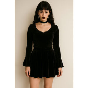 Hot Topic Womens Medium Mini Velvet Skater Skirt Black Goth Emo Vamp Whimsical